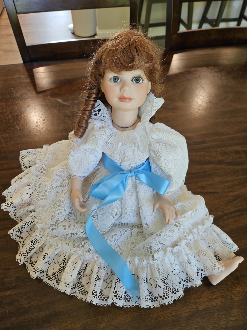 Antique Hand Made Porcelain Doll in White Lace Dress with Blue Ribbon